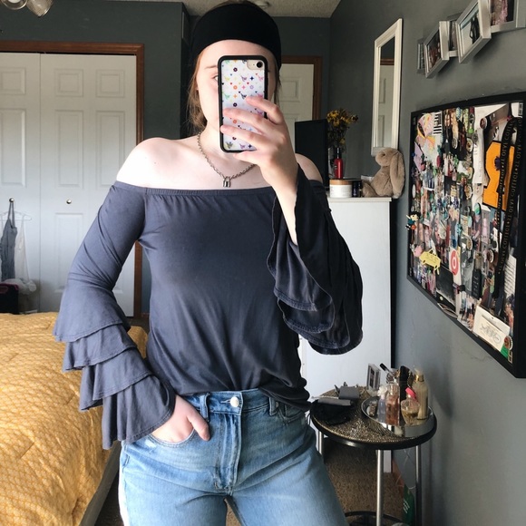 Off the Shoulder Dark Gray Top - Picture 7 of 10
